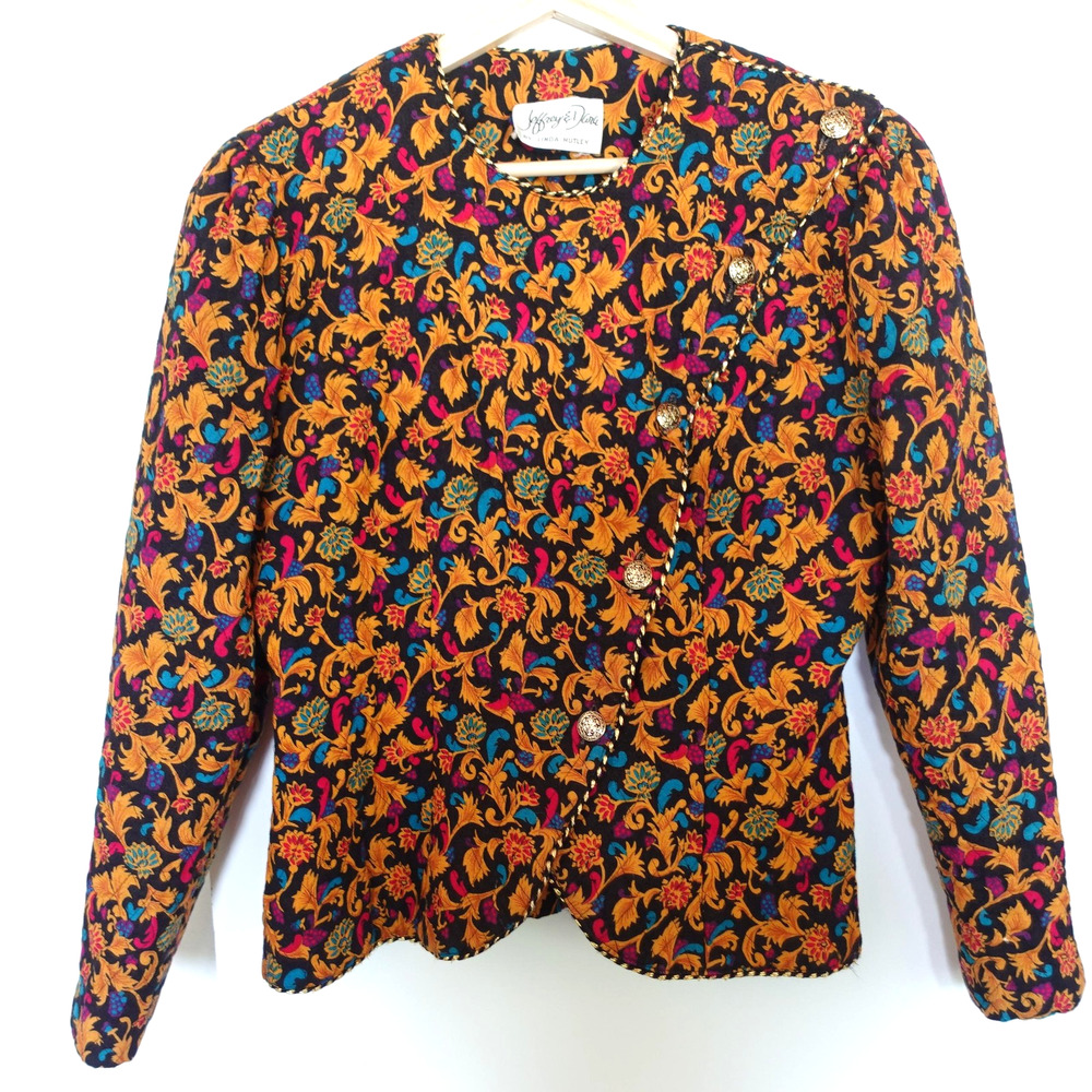 Vintage Jeffrey & Dara Jacket Med Baroque Floral Quilted Retro Crop‎ 80s USA